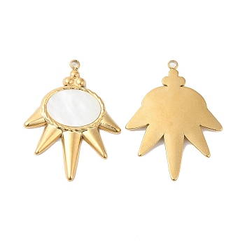Ion Plating(IP) 304 Stainless Steel Pendants, with White Shell, Sun Charm, Real 14K Gold Plated, 28x21x2mm, Hole: 1.4mm