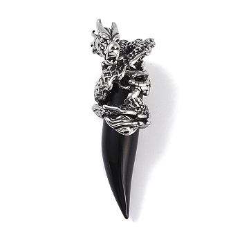 Glass Pendants, with 316 Surgical Stainless Steel Findings, Dragon, Black, 48x17.5x15mm, Hole: 6.5x3mm