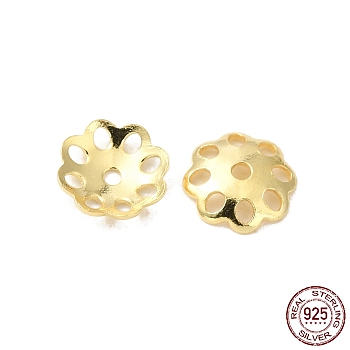 925 Sterling Silver Bead Caps, 8-Petal, Flower, Real 18K Gold Plated, 6x6x1.5mm, Hole: 0.9mm, about 140pcs/10g
