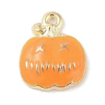 Halloween Theme Alloy Enamel Pendants, Light Gold, Pumpkin Charm, Orange, 15x12x3mm, Hole: 1.2mm