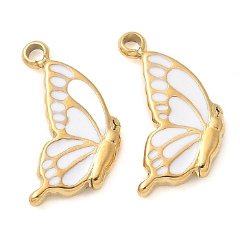 304 Stainless Steel Enamel Charms, Manual Polishing, Butterfly Charm, Golden, Ion Plating(IP), White, 14.5x8x2mm, Hole: 1.4mm