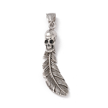 304 Stainless Steel Manual Polishing Big Pendants, Skull with Feather, Antique Silver, 51x18x10.5mm, Hole: 5x9mm