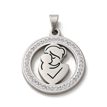 304 Stainless Steel with Rhinestone Pendants, Mom, for Mother's Day, Stainless Steel Color, 25x22x2mm, Hole: 6x3.2mm