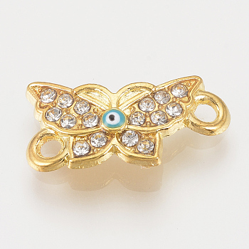 Alloy Rhinestone Links connectors, Cadmium Free & Lead Free, Butterfly with Evil Eye, Sky Blue, Golden, 19x9.5x2mm, Hole: 1.5mm