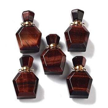 Natural Tiger Eye Perfume Bottle Pendants, Polygon Essentail Oil Diffuser Faceted Bottle Charms with Golden Tone Stainless Steel Findings, for Jewelry Making, 33.5~35x21~21.5x12~14mm, Hole: 1.6mm