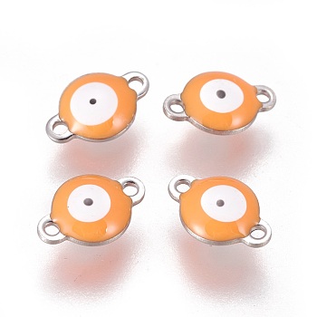 304 Stainless Steel Enamel Links connectors, Flat Round with Evil Eye, Stainless Steel Color, Orange, 12x8x4mm, Hole: 1.4mm