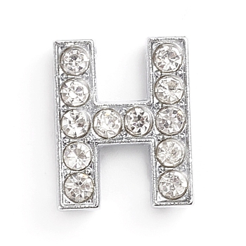 Alloy Slide Charms, with Crystal Rhinestone, for DIY Craft Jewelry Making, Letter, Platinum, Letter.H, 14x11x5mm, Hole: 2x11mm