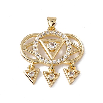 Brass Micro Pave Clear Cubic Zirconia Pendants, Cadmium Free & Nickel Free & Lead Free, Rack Plating, Triangle with Flat Round, Real 18K Gold Plated, 26.5x25.5x3.5mm, Hole: 3.5x5mm
