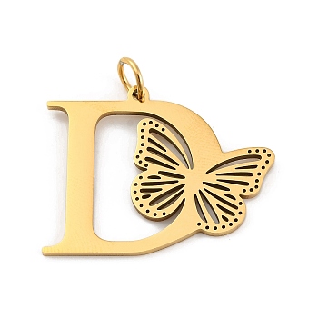 Ion Plating(IP) 201 Stainless Steel Pendants, Letter with Butterfly Charms, Golden, Letter D, 27x34.5x1.5mm, Ring: 7x1mm, Hole: 5mm