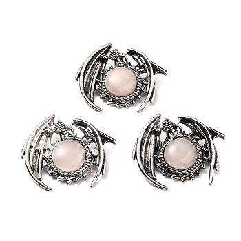 Natural Rose Quartz Pendants, Dragon Charms, with Rack Plating Antique Silver Tone Alloy Findings, Cadmium Free & Lead Free, 40x48x12mm, Hole: 9x6mm