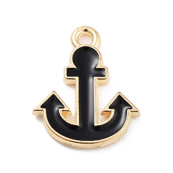 Light Gold Plated Alloy Enamel Charms, Cadmium Free & Lead Free, Anchor Charm, Black, 15.5x12.5x2mm, Hole: 1.5mm