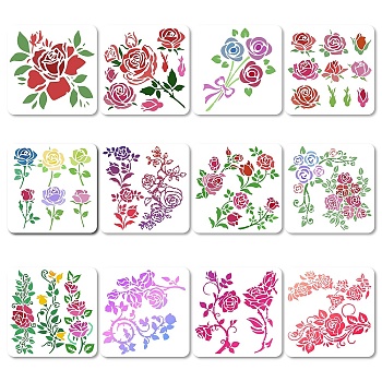 12Pcs 12 Styles PET Plastic Hollow Out Drawing Painting Stencils Templates, Square, Rose Pattern, 18x18cm, 1pc/style