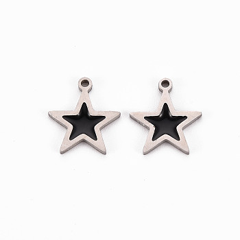 304 Stainless Steel Enamel Charms, Stainless Steel Color, Star, Black, 11.5x10x1mm, Hole: 1mm