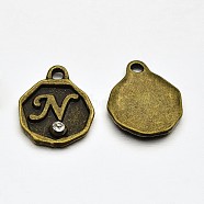 Antique Bronze Plated Alloy Rhinestone Charms, Flat Round with Letter.N, Nickel Free, 13x10x1.5mm, Hole: 1mm(ALRI-J152-N-NF)