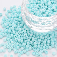8/0 Opaque Glass Seed Beads, Round Hole, Frosted Colours, Round, Light Blue, 3~4x2~3mm, Hole: 0.8mm, about 15000pcs/Pound(SEED-S048-N-002)