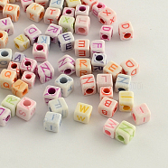 Craft Style Horizontal Hole Acrylic Beads, Cube with Initial, Mixed Letters, Mixed Color, 6x6x6mm, Hole: 3.5mm, about 2500pcs/500g(MACR-Q157-M11)