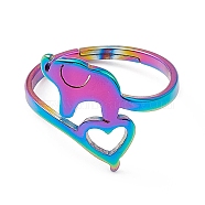 Ion Plating(IP) 201 Stainless Steel Elephant with Heart Adjustable Ring for Women, Rainbow Color, US Size 6 1/4(16.7mm)(RJEW-K238-07M)