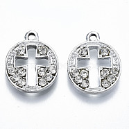 UV Plated Alloy Pendants, with Crystal Rhinestone, Flat Round with Hollow Cross, Cadmium Free & Lead Free, Platinum, 19.5x15.5x3mm, Hole: 1.6mm(PALLOY-S181-021-RS)