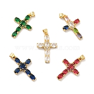 Rack Plating Brass Micro Pave Cubic Zirconia Pendants, Long-Lasting Plated, Lead Free & Cadmium Free, Cross, Real 18K Gold Plated, Religion, Mixed Color, 29.5x19x3.5mm, Hole: 3.5x4mm(ZIRC-F129-29-G)