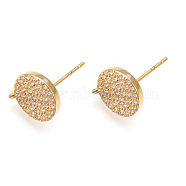 Brass Micro Pave Cubic Zirconia Stud Earring Findings, with Loop, Lead Free & Cadmium Free, Long-Lasting Plated, Flat Round, Clear, Golden, 11.5x9.5x2mm, Hole: 1mm, Pin: 0.7mm(ZIRC-G146-03G-RS)