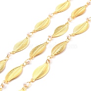 Brass Handmade White Glass Bead Chains, with Spool, Soldered, Long-Lasting Plated, Leaf, Golden, Link: 22x9.5x0.5mm(CHC-M022-04G)