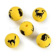 Silicone Beads, Round with Cat Shape, Yellow, 15x15x15mm, Hole: 2mm(SIL-S008-02A)