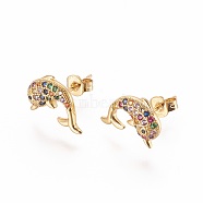 Brass Micro Pave Cubic Zirconia Stud Crawler Earrings, Climber Earrings, Dolphin, Golden, Colorful, 11x11mm, Pin: 0.8mm(EJEW-L229-01G)