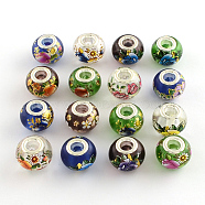 Large Hole Rondelle Flower Pattern Glass European Beads, with Silver Color Plated Brass Double Cores, Mixed Color, 14~15x11mm, Hole: 4.5~5mm(GPDL-Q017-M11)