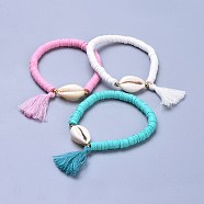 Handmade Polymer Clay Heishi Beads Stretch Bracelets, with 304 Stainless Steel Findings, Shell Beads and Cotton Tassel Pendants, Mixed Color, 2-1/8 inch(5.4cm)(BJEW-JB04250-M)
