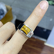 Rectangle Natural Tiger Eye Finger Ring, Stainless Steel Jewelry, Stainless Steel Color, Inner Diameter: 18.2mm(FIND-PW0021-07B-02)