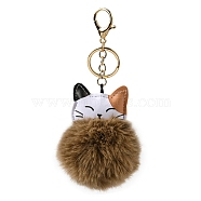 Imitation Rex Rabbit Fur Ball & PU Leather Cat Pendant Keychain, with Alloy Clasp, for Bag Car Pendant Decoration, Sandy Brown, 16cm(X1-KEYC-K018-05KCG-03)