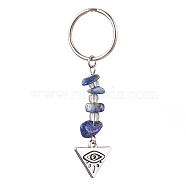 Tibetan Style Alloy Keychain, with Natural Lapis Lazuli Beads and Iron Split Key Rings, Evil Eye with Triangle, Triangle, 6.4cm, Triangle: 42x16x6mm(KEYC-JKC00707-03)