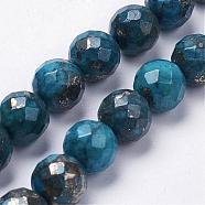 Natural Pyrite Beads Strands, Dyed, Round, Faceted, Deep Sky Blue, 10~11x10~11mm, Hole: 1.5mm, about 19pcs/strand, 7.8 inch(20cm)(G-K181-K02)