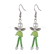 304 Stainless Steel Fairy Dangle Earrings, Glass Seed & Acrylic Pearl Long Drop Earrings, Lime Green, 55.5x14mm(EJEW-MZ00129-01)