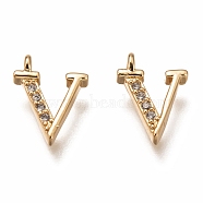 Brass Micro Pave Clear Cubic Zirconia Charms, Cadmium Free & Lead Free, Long-Lasting Plated, Alphabet, Letter.V, 11x8.5x3mm, Hole: 1.4mm(ZIRC-B002-39G-V)