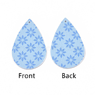 PU Leather Big Pendants, Easter Theme, teardrop, with Flower Pattern, Light Sky Blue, 55x35x2mm, Hole: 2mm(X-FIND-T058-A12)