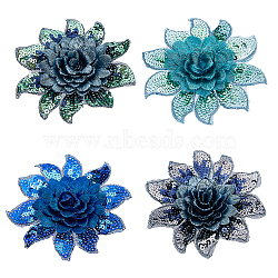 Nbeads 4Pcs 4 Colors 3D Flower Pattern Polyester Fabrics Computerized Embroidery Cloth Sew on Appliques, Sequin/Paillette Appliques, Mixed Color, 80x4mm, 1pc/color(PATC-NB0001-15A)