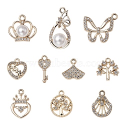 10Pcs 10 Style UV Plating Alloy Pendants, with Crystal Rhinestone and ABS Plastic Imitation Pearl, Skeleton Key & Heart & Tree & Fishtail & Crown & Shell Charms, Golden, 14.5~27x8.5~19x2~18.5mm, Hole: 1.5~2.5mm, 1Pc/style(ALRI-YW0001-17)