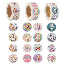 6 Rolls 3 Style Flat Round Unicorn Pattern Tag Stickers, Self-Adhesive Paper Gift Tag Stickers, for Party Decorative Presents, Mixed Color, 25mm, 500pcs/roll, 2 rolls/style(DIY-LS0003-53)