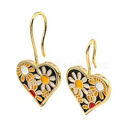 Rack Plating Brass Heart with Flower Dangle Earrings with Enamel, Cadmium Free & Lead Free, Real 18K Gold Plated, 25x16mm(KK-C026-11G)