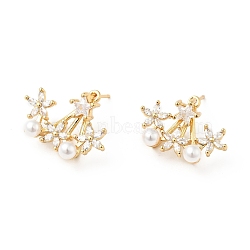 Rack Plating Brass Stud Earrings for Women, with Clear Cubic Zirconia & Acrylic Imitation Pearl Beads, Cadmium Free & Lead Free, Long-Lasting Plated, Flower with Star, Real 18K Gold Plated, 18x23x20mm, Pin: 0.9mm(EJEW-G311-01G)