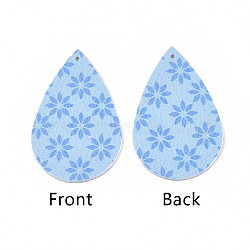 PU Leather Big Pendants, Easter Theme, teardrop, with Flower Pattern, Light Sky Blue, 55x35x2mm, Hole: 2mm(X-FIND-T058-A12)