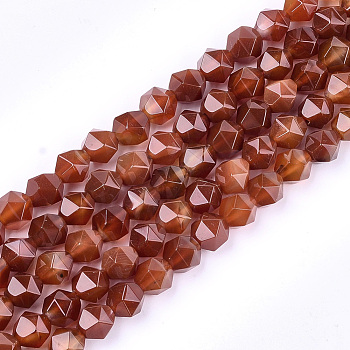 Natural Agate Beads Strands, Dyed, Faceted, Star Cut Round Beads, FireBrick, 9~10x9~10x9~10mm, Hole: 1mm, about 37pcs/strand, 14.5 inch