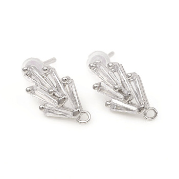 Brass Stud Earring Findings, with Loops, Clear Cubic Zirconia and Ear Nuts, Grass, Platinum, 14.2x7.5mm, Hole: 1mm, Pin: 0.8mm