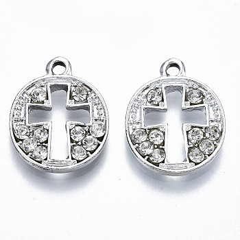 UV Plated Alloy Pendants, with Crystal Rhinestone, Flat Round with Hollow Cross, Cadmium Free & Lead Free, Platinum, 19.5x15.5x3mm, Hole: 1.6mm