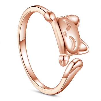SHEGRACE 925 Sterling Silver Cuff Rings, Open Rings, with Lovely Kitten, Size 8, Rose Gold, 18mmPacking Size: 53x53x37mm