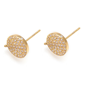 Brass Micro Pave Cubic Zirconia Stud Earring Findings, with Loop, Lead Free & Cadmium Free, Long-Lasting Plated, Flat Round, Clear, Golden, 11.5x9.5x2mm, Hole: 1mm, Pin: 0.7mm