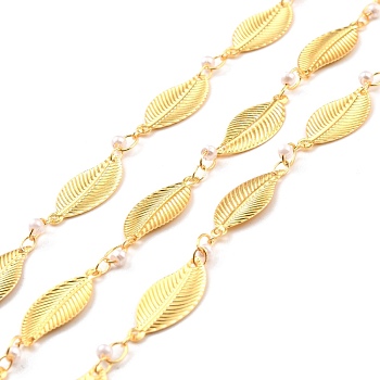 Brass Handmade White Glass Bead Chains, with Spool, Soldered, Long-Lasting Plated, Leaf, Golden, Link: 22x9.5x0.5mm