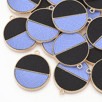 Eco-Friendly Cowhide Leather  Pendants, with Golden Plated Alloy Cabochon Settings, Two Tone, Flat Round, Black, 33x28.5x2mm, Hole: 1.8mm