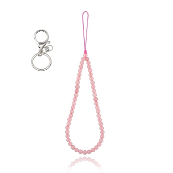 Natural  Rose Quart and Iron Alloy Lobster Claw Clasp Keychain, with Braided Nylon Thread, 27~27.5cm